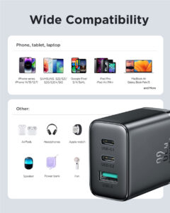JOYROOM JR-TCF10 32W 2C1A Fast Charger in black, featuring dual USB-C and USB-A ports for simultaneous charging