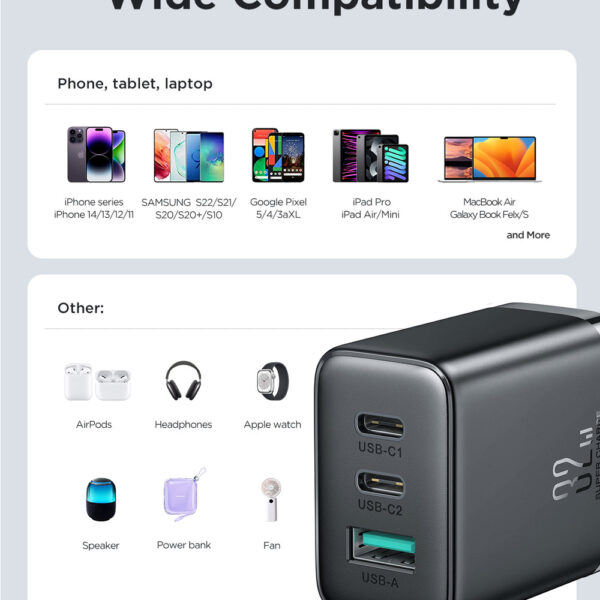 JOYROOM JR-TCF10 32W 2C1A Fast Charger in black, featuring dual USB-C and USB-A ports for simultaneous charging